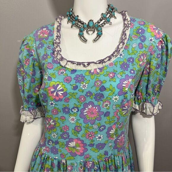 ‎RARE 70's cottagecore hand made blue floral dress - M - Picture 5 of 13